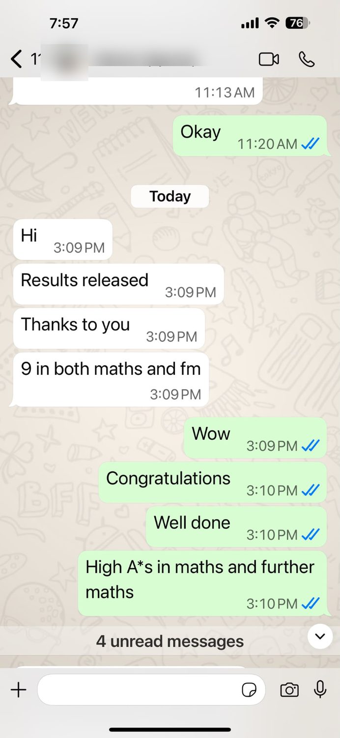 Anonymised student message after achieving grade 9 in Mathematics and Further Mathematics