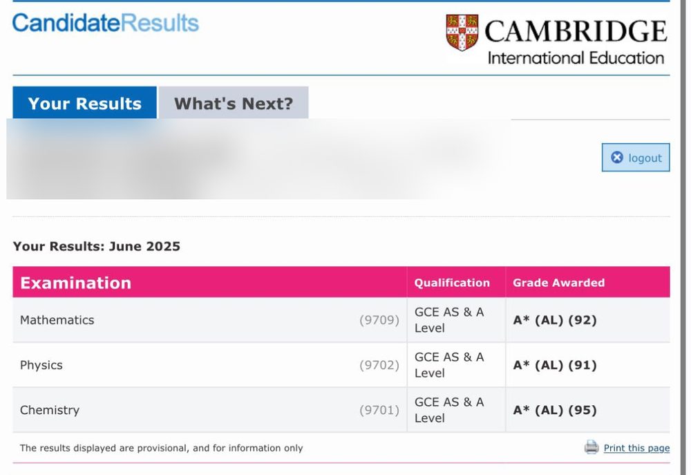 Anonymised Cambridge results showing A-Level Mathematics grade A star with 92