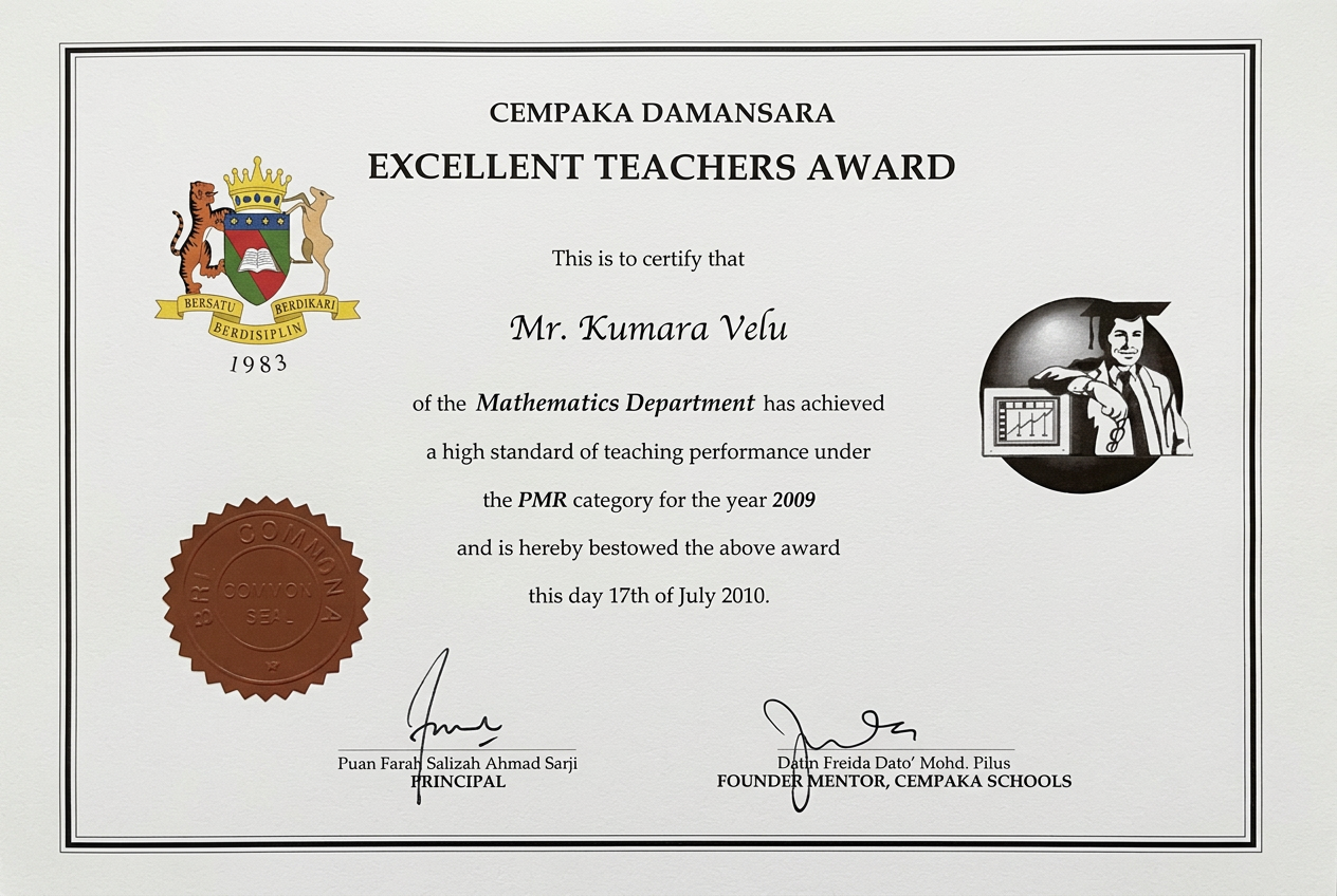 Cempaka Damansara Excellent Teachers Award presented to Mr Kumara Velu in 2010