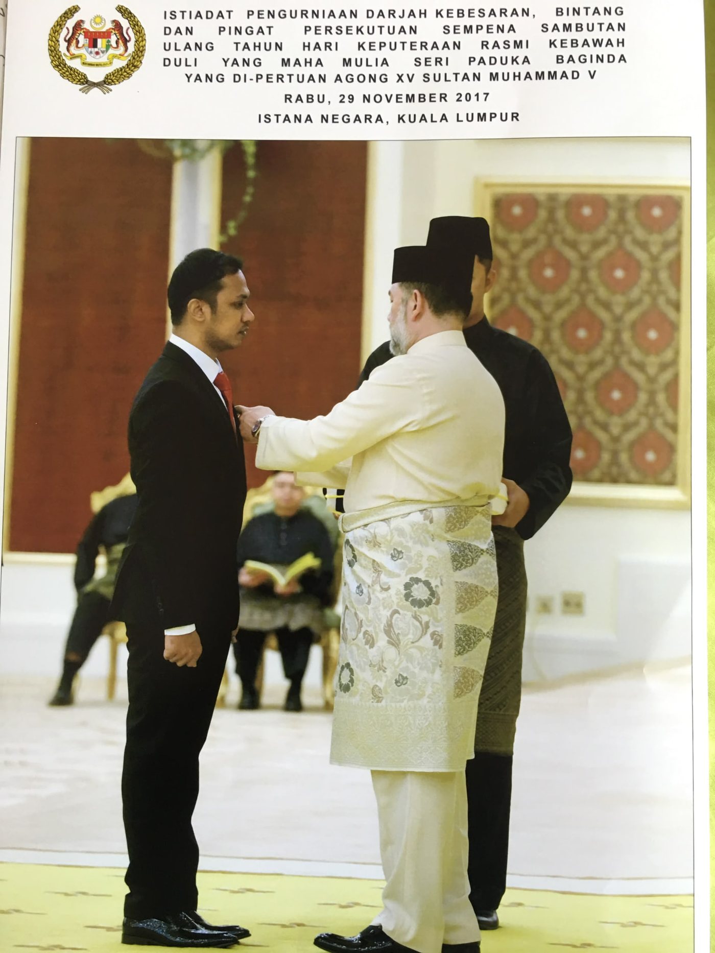 Mr Kumaraveelu receiving the Ahli Mangku Negara at Istana Negara, Kuala Lumpur, 29 November 2017