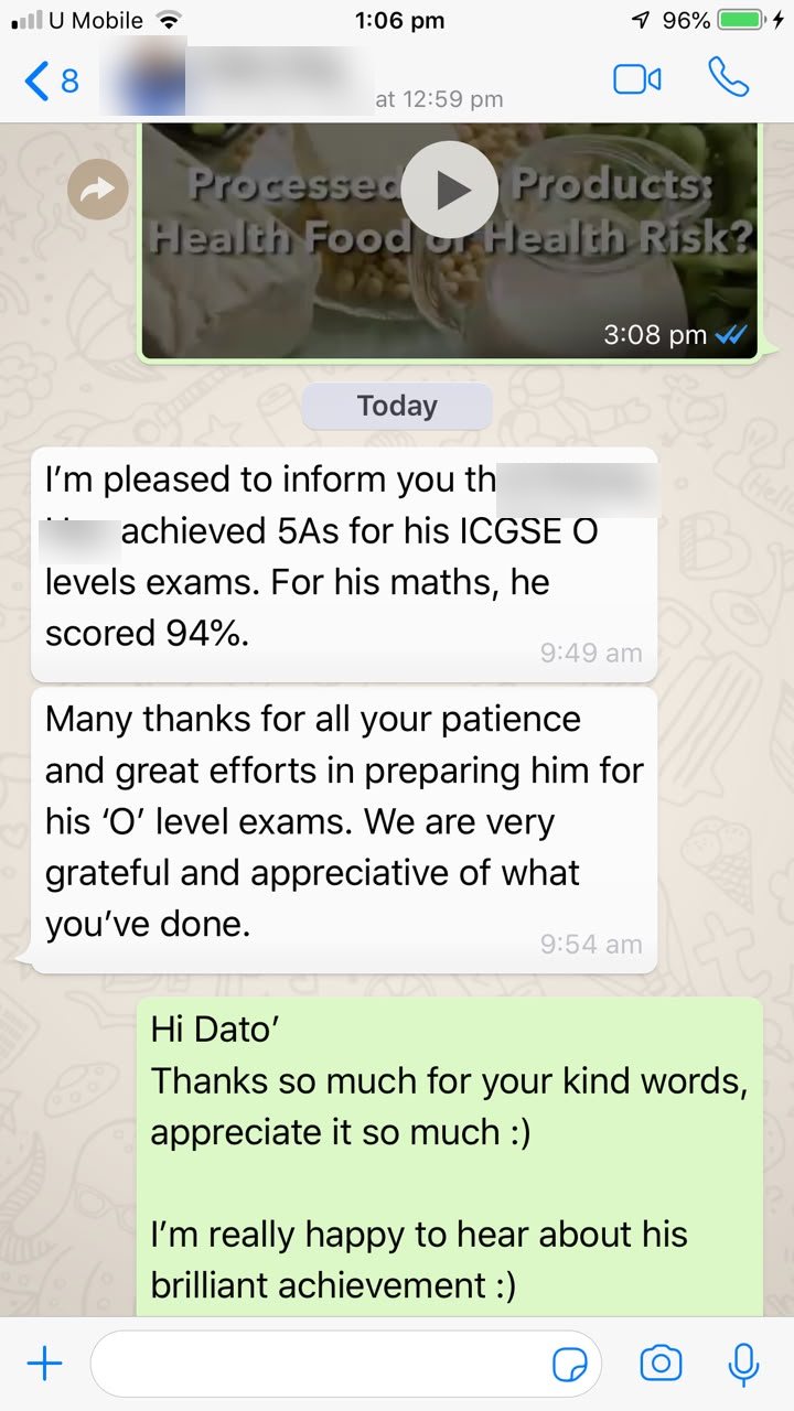 Anonymised parent message reporting five As and 94 percent for Mathematics