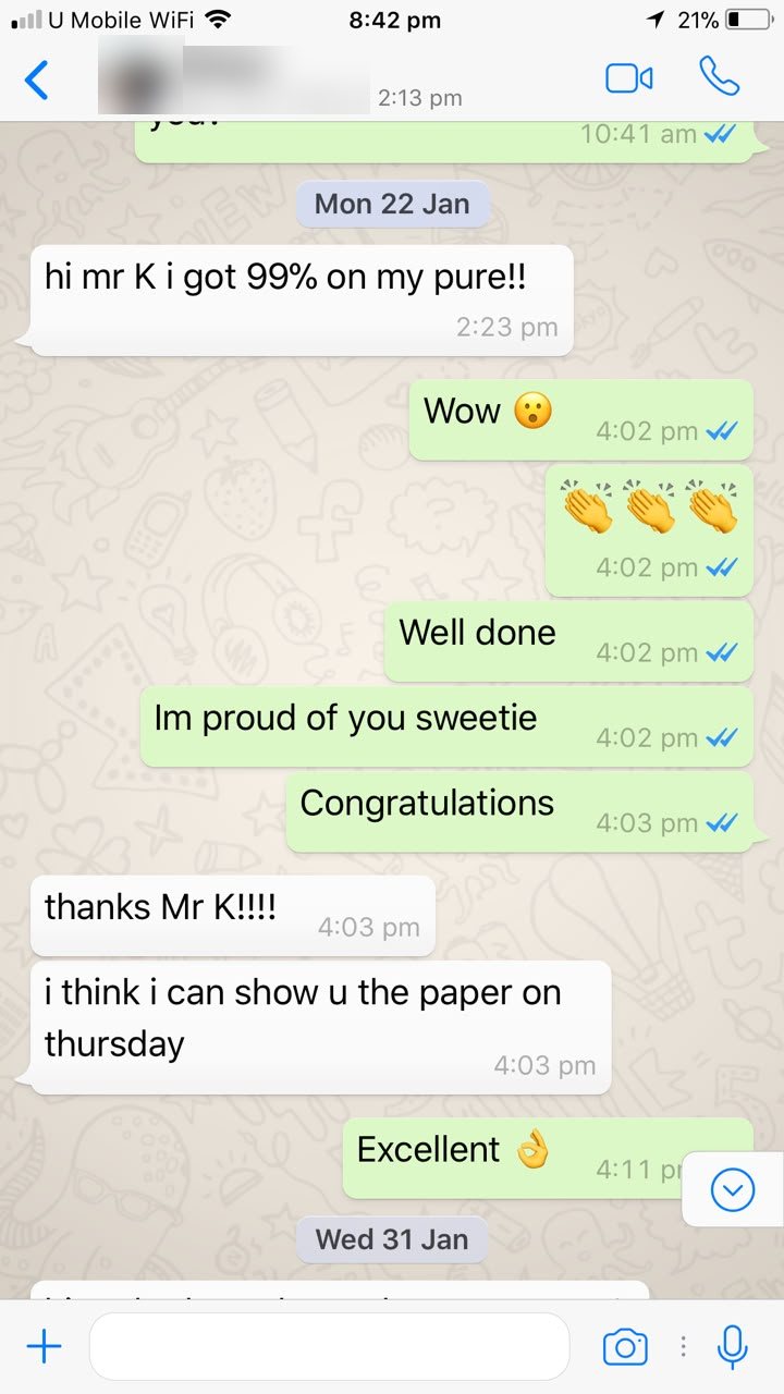 Anonymised student message reporting 99 percent in Pure Mathematics